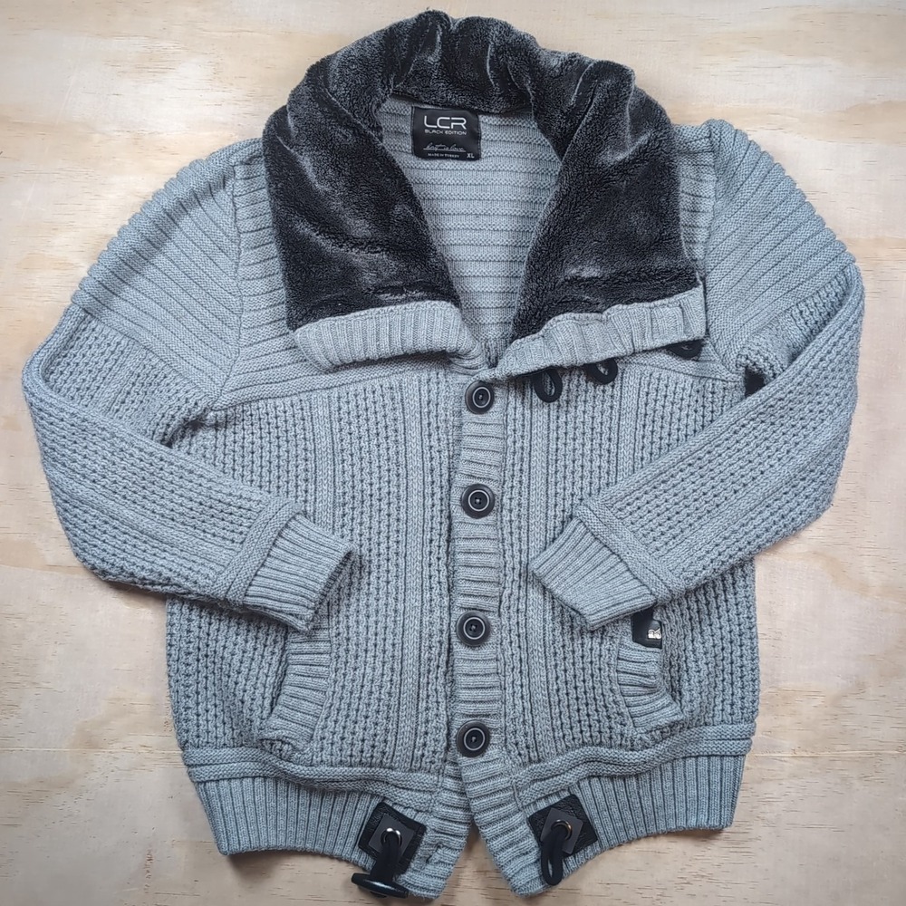 LCR Black Edition Sweater Mens XL Gray Wool/Acrylic Knit Buckle Cardigan Preppy